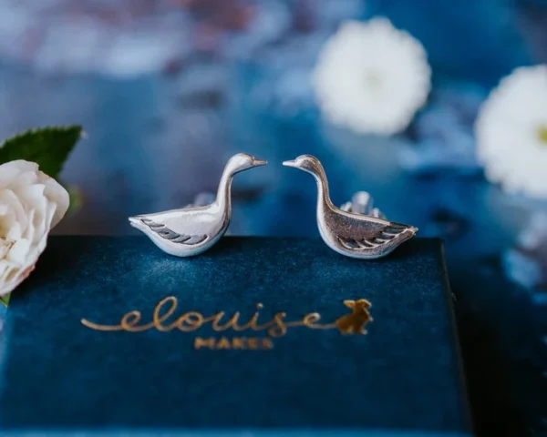 Snow Goose Cufflinks, handmade with Sustainable Silver, Box Shot