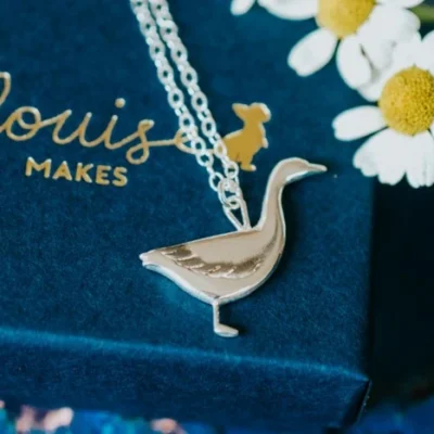 Snow Goose Necklace, handmade with Sustainable Silver, Box Shot
