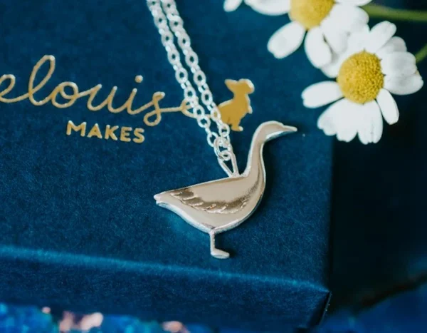 Snow Goose Necklace, handmade with Sustainable Silver, Box Shot