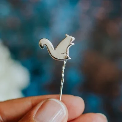Squirrel Pin, handmade with Sustainable Silver, Hand Shot