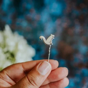 Squirrel Pin, handmade with Sustainable Silver, Hand Shot