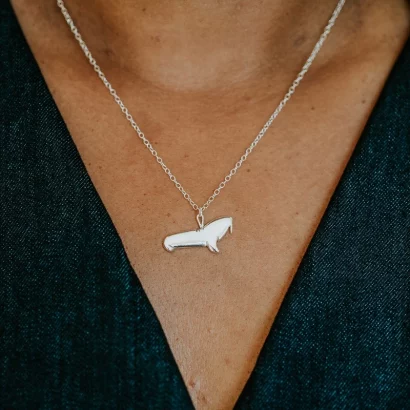 Walrus Necklace, handmade with Sustainable Silver, Model Shot