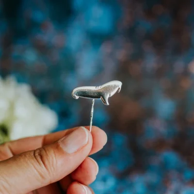 Walrus Pin, handmade with Sustainable Silver, Hand Shot Zoom