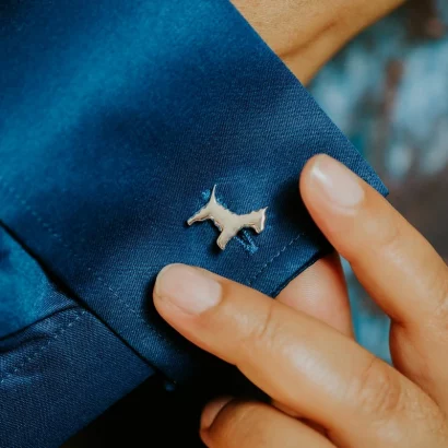 Westie Dog Cufflinks, handmade with Sustainable Silver, Model Shot