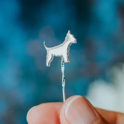 Westie Dog Pin, handmade with Sustainable Silver, Hand Shot