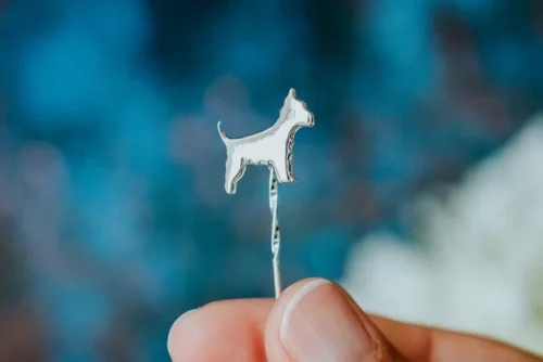 Westie Dog Pin, handmade with Sustainable Silver, Hand Shot