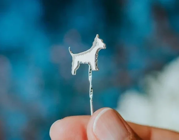 Westie Dog Pin, handmade with Sustainable Silver, Hand Shot