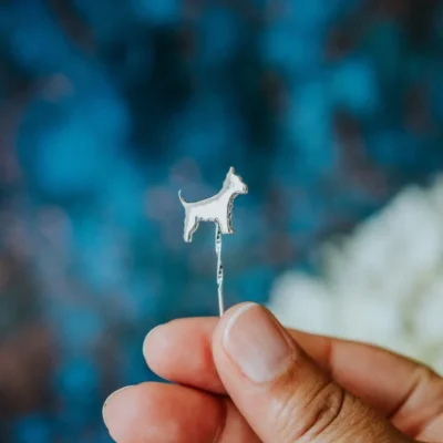 Westie Dog Pin, handmade with Sustainable Silver, Hand Shot Zoom