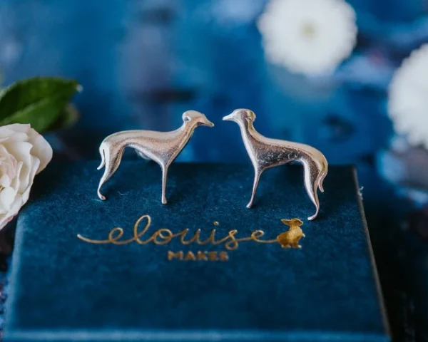 Whippet Dog Pin, handmade with Sustainable Silver, Box Shot