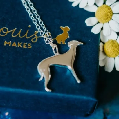 Whippet Dog Necklace, handmade with Sustainable Silver, Box Shot