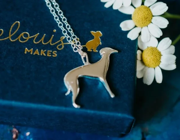 Whippet Dog Necklace, handmade with Sustainable Silver, Box Shot
