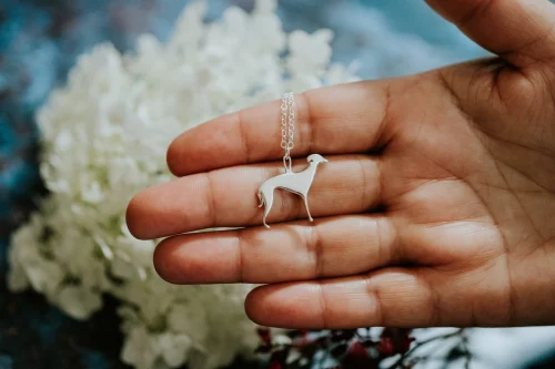 Whippet Dog Necklace, handmade with Sustainable Silver, Hand Shot