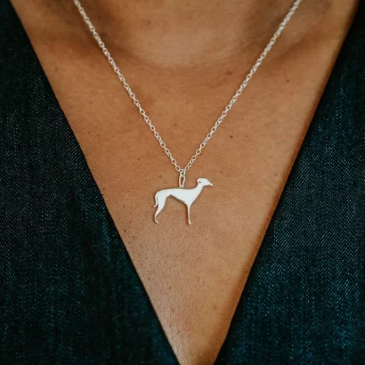 Whippet Dog Necklace, handmade with Sustainable Silver, Model Shot