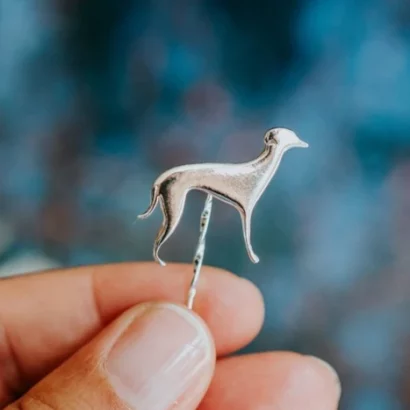Whippet Dog Pin, handmade with Sustainable Silver, Hand Shot