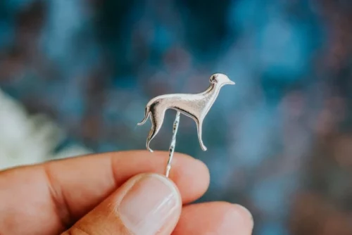 Whippet Dog Pin, handmade with Sustainable Silver, Hand Shot