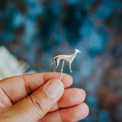 Whippet Dog Pin, handmade with Sustainable Silver, Hand Shot Zoom