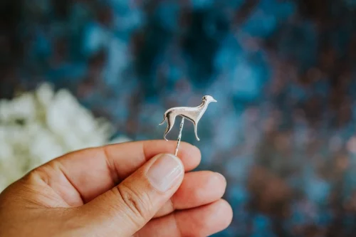 Whippet Dog Pin, handmade with Sustainable Silver, Hand Shot Zoom