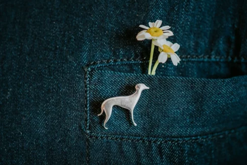 Whippet Dog Pin, handmade with Sustainable Silver, Model Shot