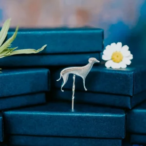 Whippet Dog Pin, handmade with Sustainable Silver, Box Shot