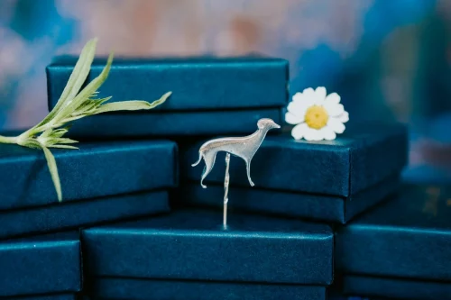 Whippet Dog Pin, handmade with Sustainable Silver, Box Shot