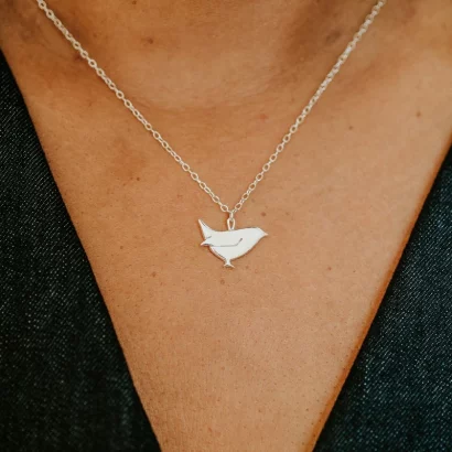 Wren Necklace, handmade with Sustainable Silver, Model Shot