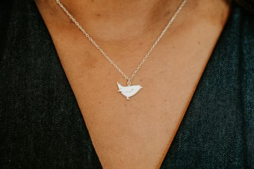 Wren Necklace, handmade with Sustainable Silver, Model Shot
