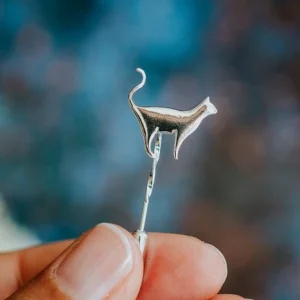 Standing Cat Pin, handmade with Sustainable Silver, Hand Shot