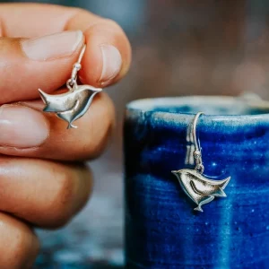 Wren Earrings, handmade with Sustainable Silver, Hand Shot
