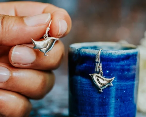 Wren Earrings, handmade with Sustainable Silver, Hand Shot