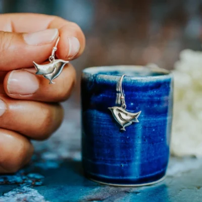 Wren Earrings, handmade with Sustainable Silver, Hand Shot Zoom