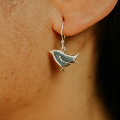 Wren Earrings, handmade with Sustainable Silver, Model Shot
