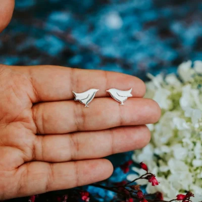 Wren Stud Earrings, handmade with Sustainable Silver, Hand Shot Zoom