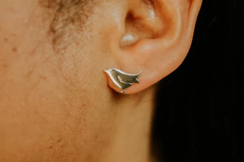 Wren Stud Earrings, handmade with Sustainable Silver, Model Shot