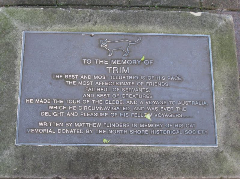 Trim, the famous black cat, holds a special place in history as the adventurous and loyal companion of the renowned explorer Matthew Flinders. Image of Plaque