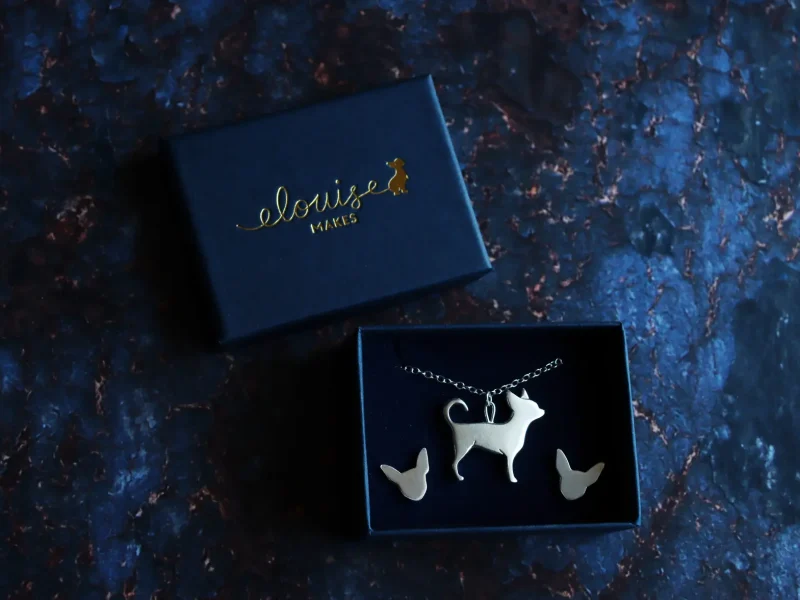 Bespoke Commission of a pet Chihuahua called Teddy - Necklace & Earring set made from Recycled Silver